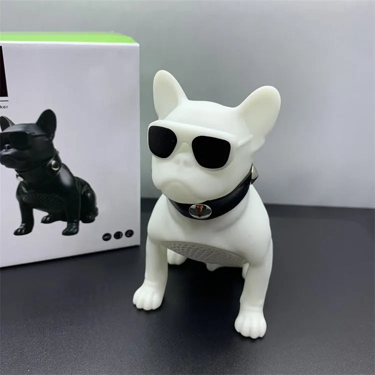 Mini bulldog-shaped Bluetooth speaker in black, red, or white colours showing compact design