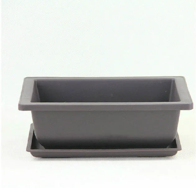 Dark brown antique-style recycled plastic flowerpot showing rectangular and square size options.