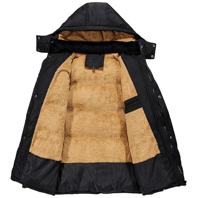 Black men's hooded winter padded jacket with velvet lining and double-breasted front.