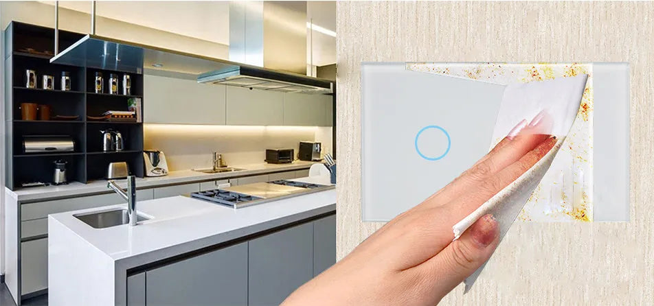 2-gang wireless RF remote touch light switch with tempered glass panel in black, white, or gold