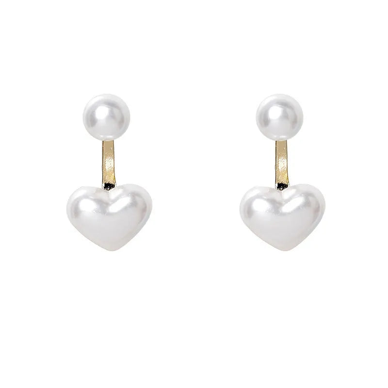 Heart-shaped pearl stud earrings with alloy settings and electroplated metallic finish