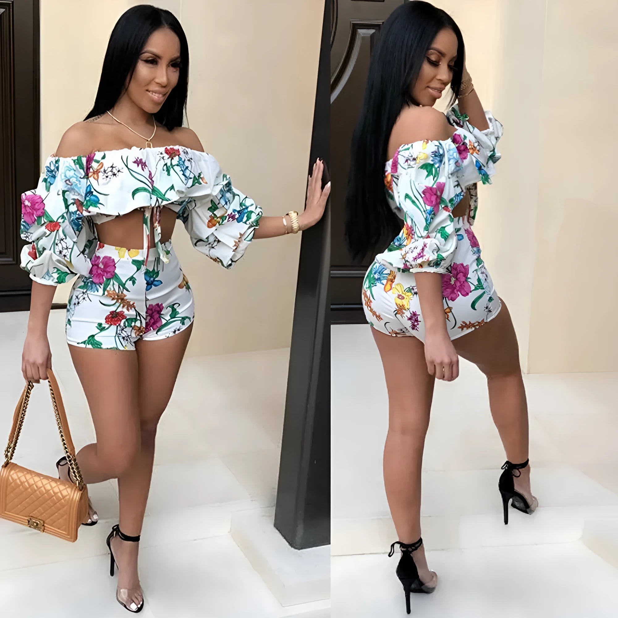 Women's multicolour digital print two-piece set with pile sleeve top and matching shorts.