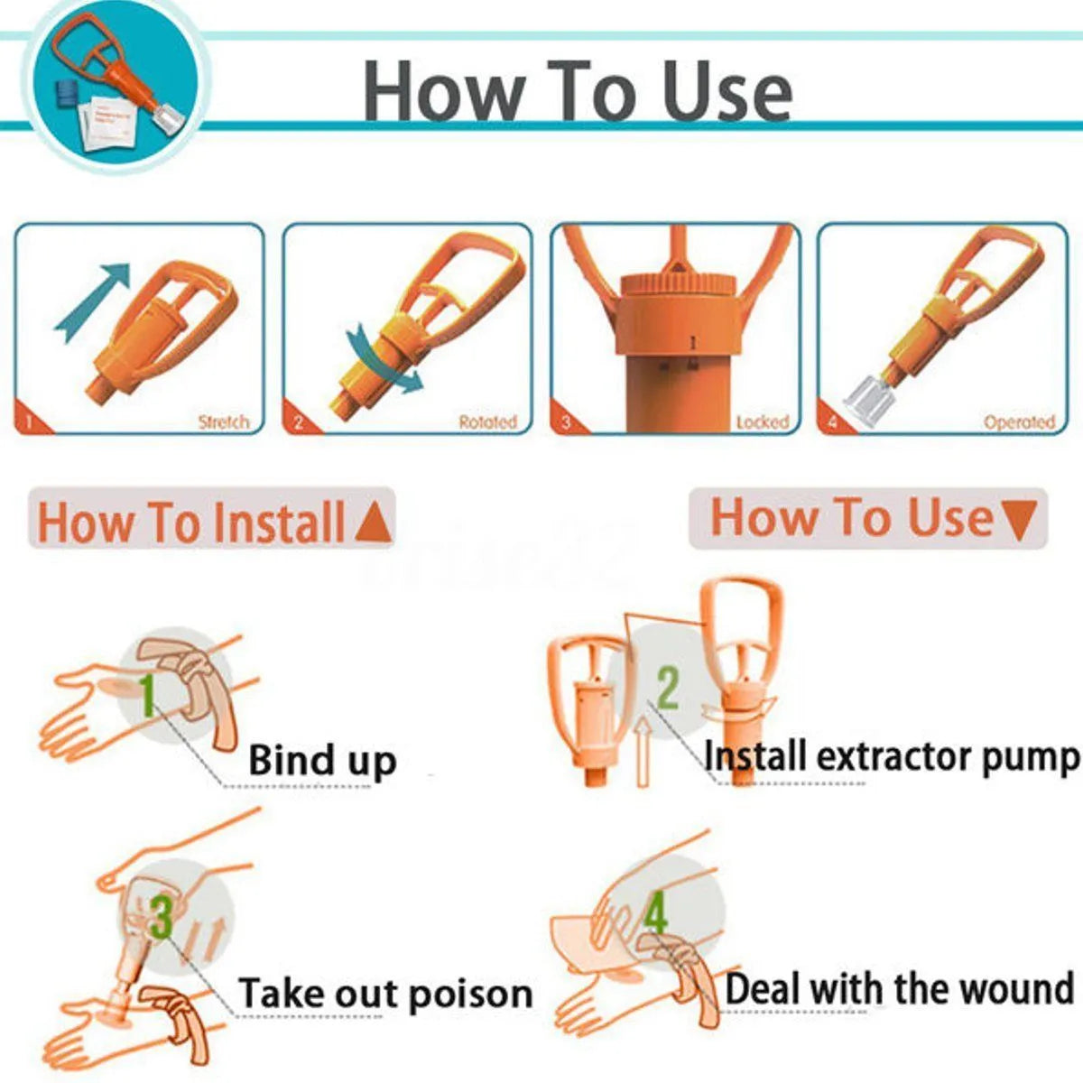 Orange venom suction device with two suction cup sizes, storage box and first aid components for outdoor emergency use