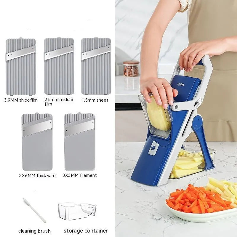 Purple vegetable chopper with stainless steel wire planer on kitchen counter