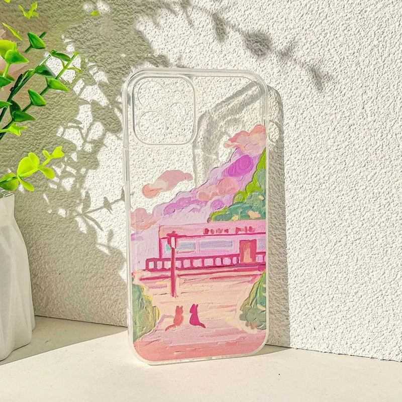 Soft silicone mobile phone case for iPhone with a printed two cat cartoon design on a white background.
