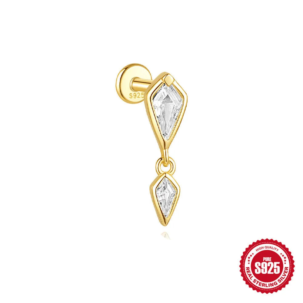Geometric kite-shaped sterling silver stud earrings with rhinestones and a gold chain tassel.