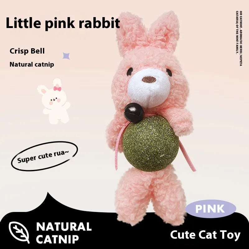 Small plush catnip toy shaped like an animal, featuring a bell, for cats to bite and play with.