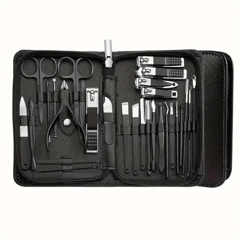 30-piece stainless steel nail beauty tool set with tools in five colour options including pink, blue, rose gold