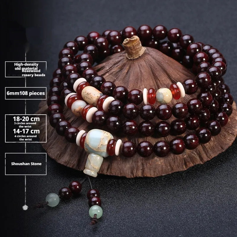Men's traditional rosewood bracelet with 108 beads, showing lapis lazuli and turquoise accent styles.