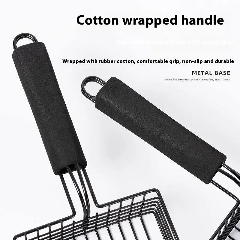 Black metal cat litter scoop with narrow tine spacing for efficient waste removal from litter trays