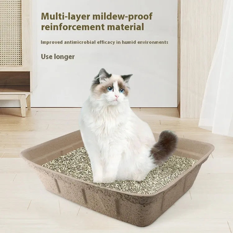 Brown biodegradable disposable cat litter box showing three available size options