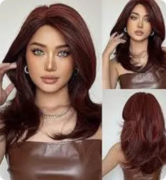 Mid-length synthetic wig with long curly hair, fringe, and platinum gradient colours