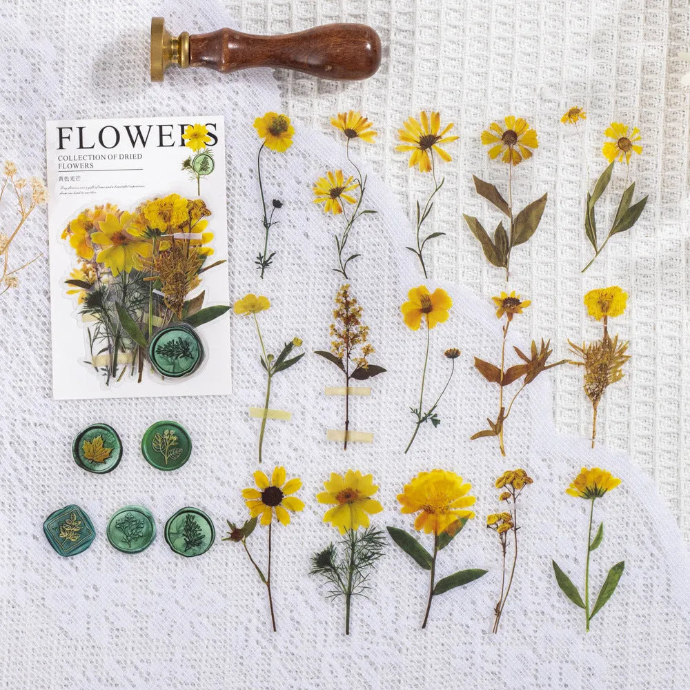 Pack of 40 decorative dried flower design sticker sheets in eight colours including purple, blue, and orange.
