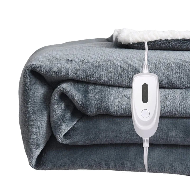 Grey and white flannel USB electric heating blanket showing power cord and control unit.