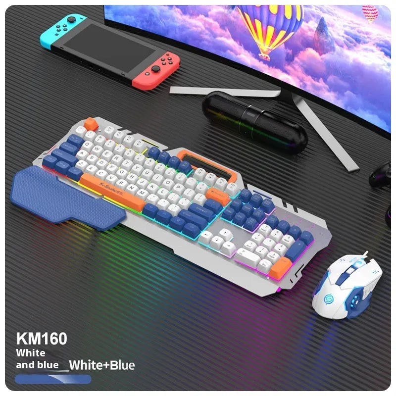Blue wired gaming keyboard and mouse set with backlit keys and USB cable