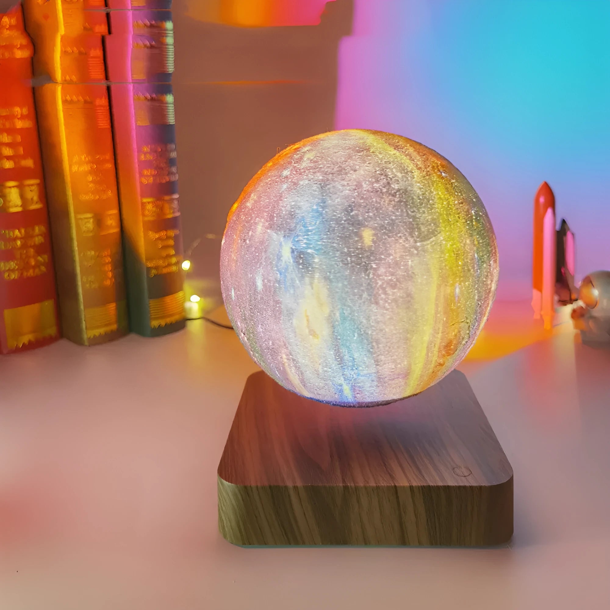 Magnetic levitation galaxy decorative light with rotating moon lamp in square walnut colour