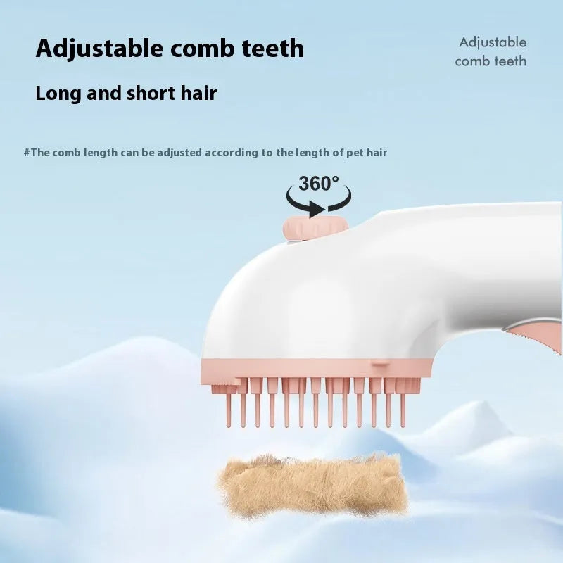 3-in-1 pet steam brush with adjustable comb, available in White Pink and White Red colours, for dog grooming
