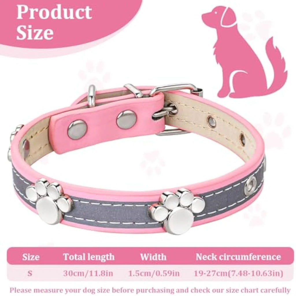 Reflective adjustable PU leather dog collar with metal paw rivet, shown on a size chart for S, M, L, XL, XXL.
