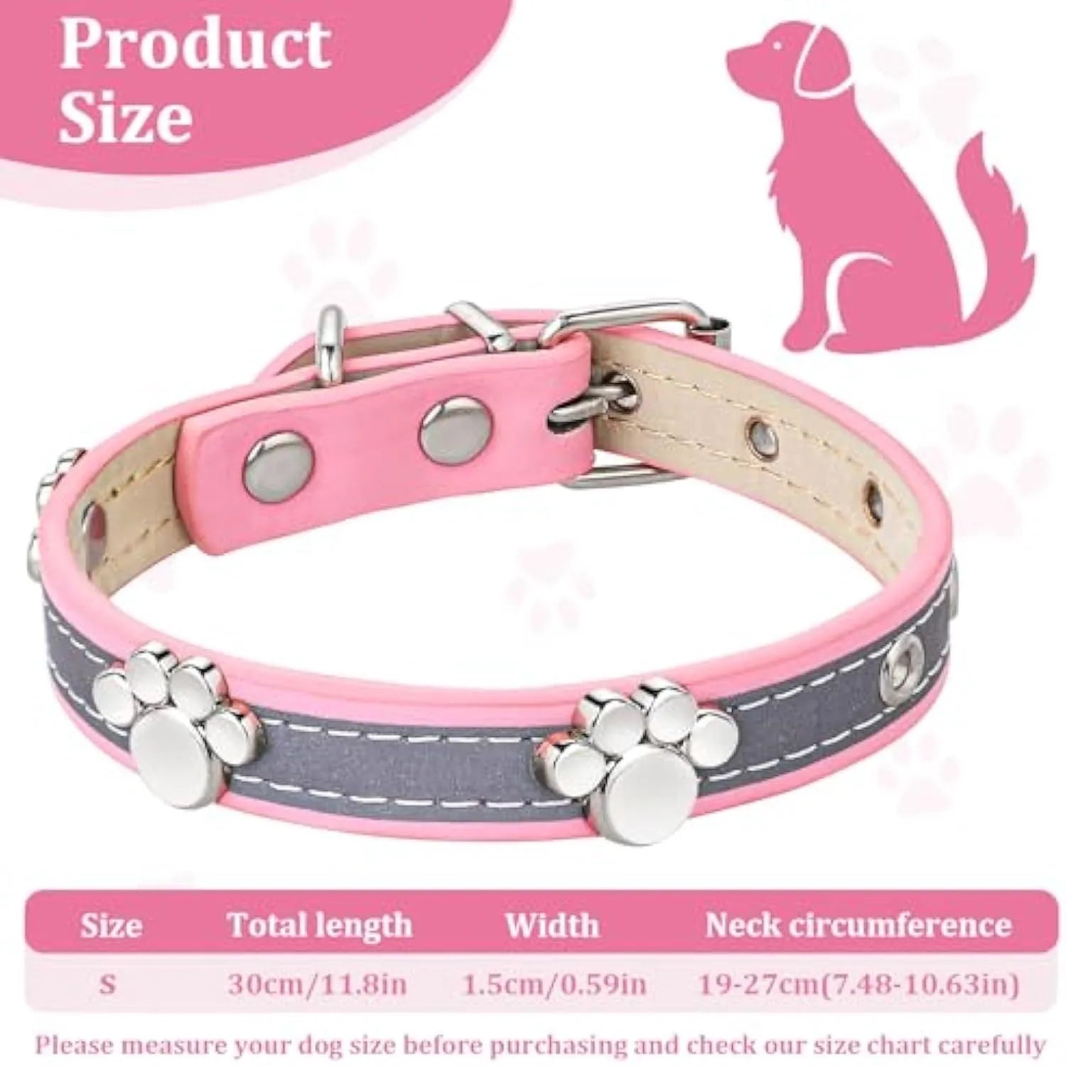 Reflective adjustable PU leather dog collar with metal paw rivet, shown on a size chart for S, M, L, XL, XXL.