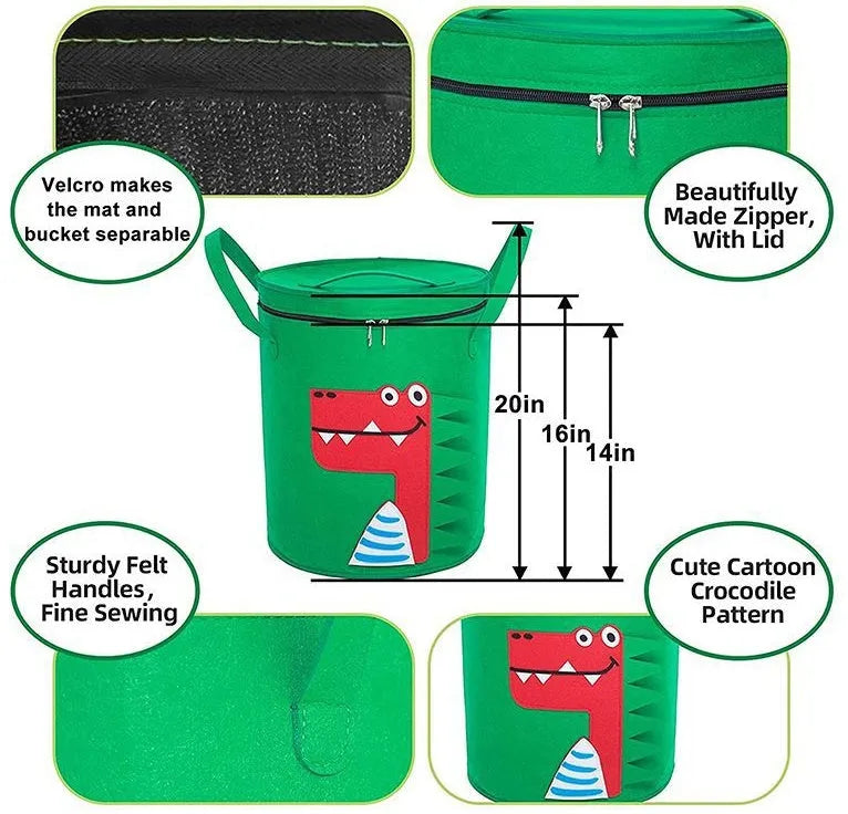 Green felt cube storage bag with pull rope shown as both a toy play mat and closed storage container