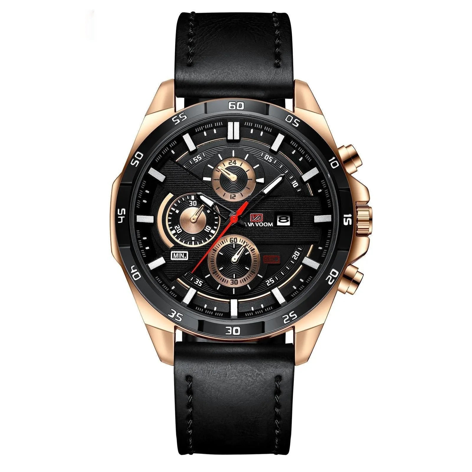 Men's casual quartz watch with leather strap and metal case in various colour combinations