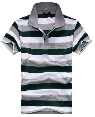 Men's striped short sleeved T-shirt with real pocket in loose fit, front view