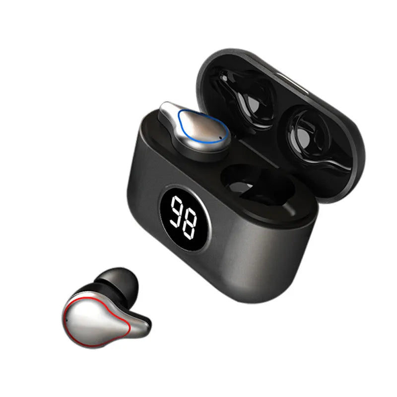 Black and blue wireless Bluetooth in-ear headsets showing earplug design for both ears