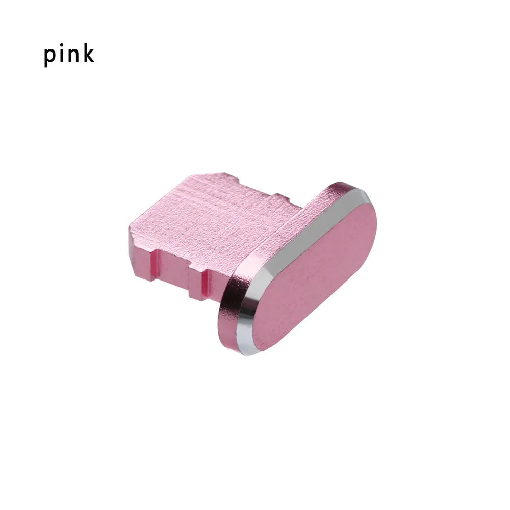Aluminium alloy dust plug for iPhone charging port in various colours including gold, silver, blue, and rose gold.