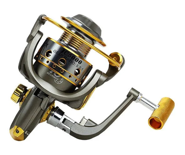 10-axis metal head spinning reel with metal line cup and folding rocker arm in silver and black