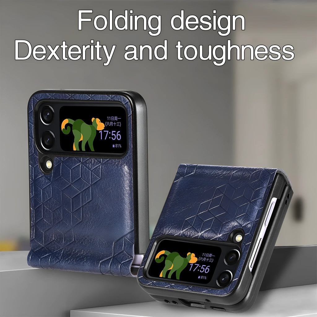 Solid colour rhombus leather pattern PU phone case for Samsung ZFLIP4 in black, showing back cover with textured surface