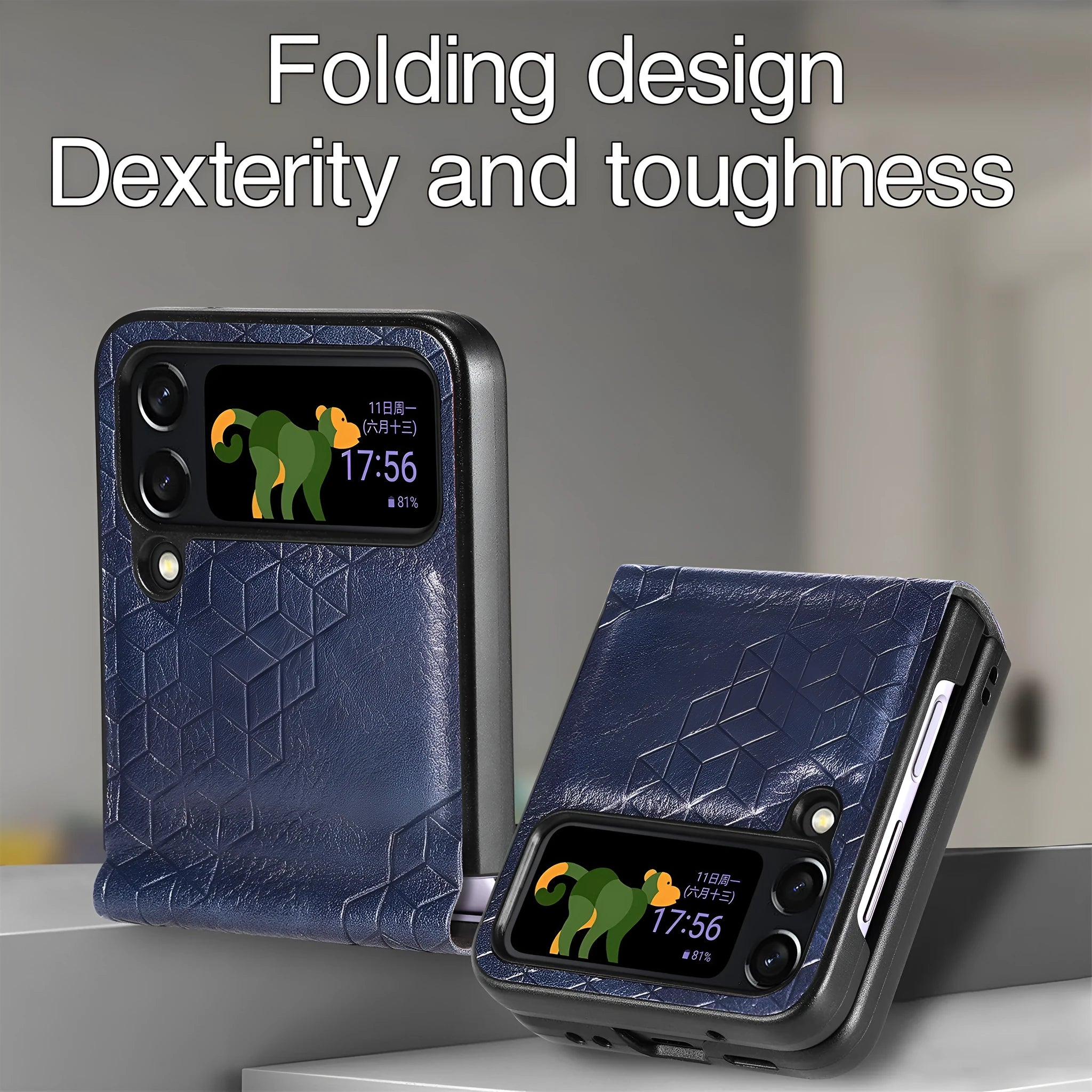 Solid colour rhombus leather pattern PU phone case for Samsung ZFLIP4 in black, showing back cover with textured surface