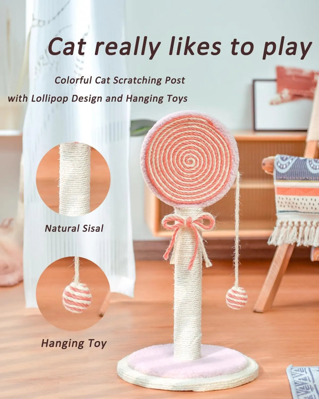Blue sisal rope cat scratching post with hanging ball toy on a sturdy wooden base