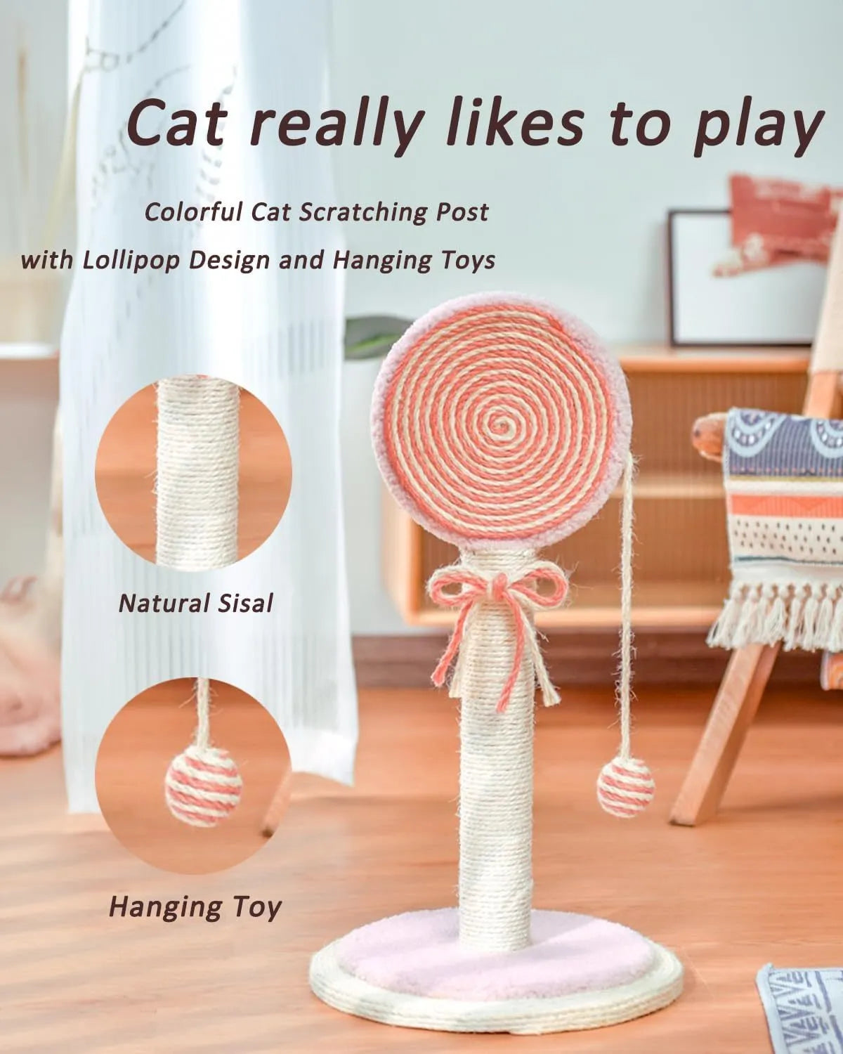Blue sisal rope cat scratching post with hanging ball toy on a sturdy wooden base