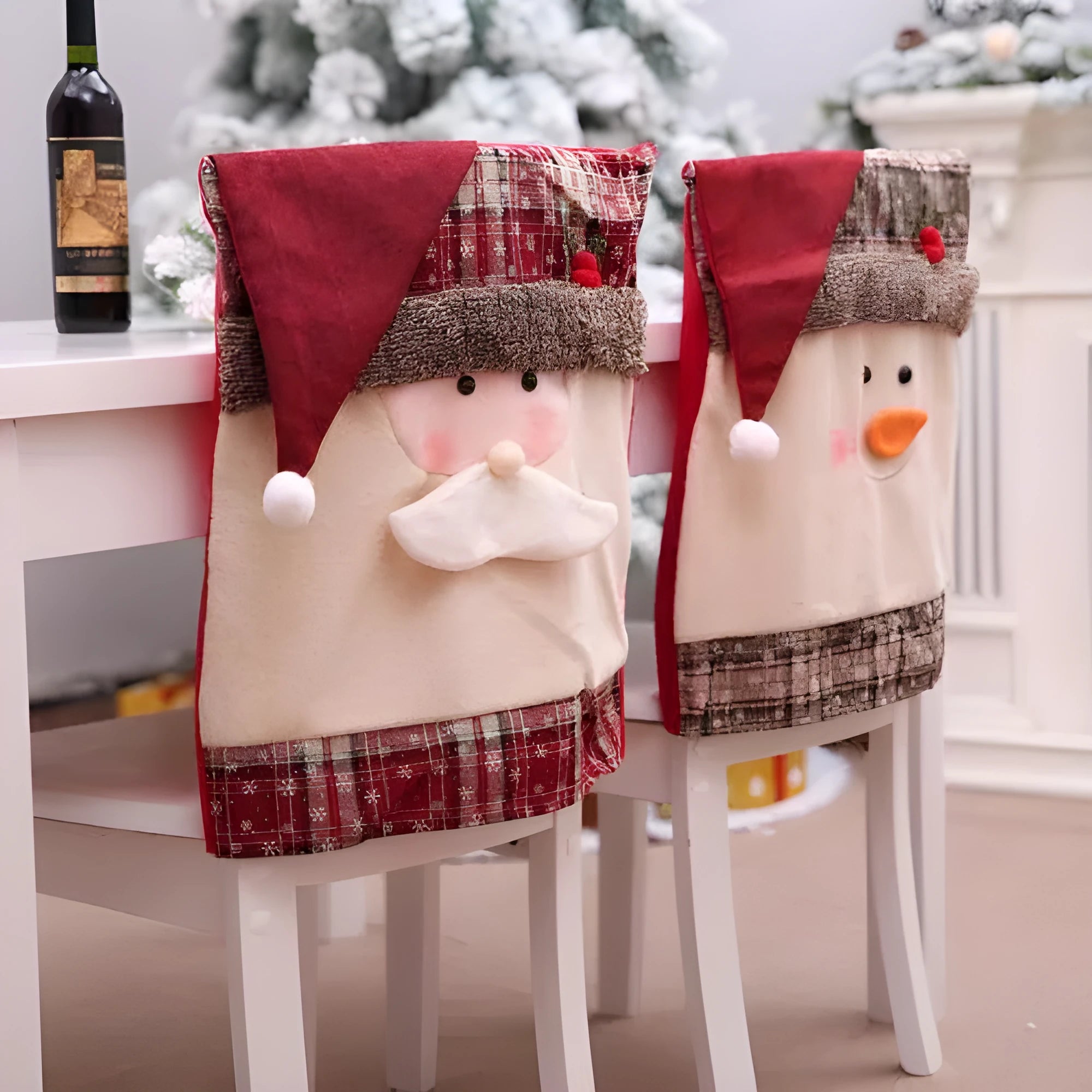 Christmas chair cover set showing Santa Claus and Snowman designs sized 51cm by 48cm with Santa hats measuring 60cm by 50cm