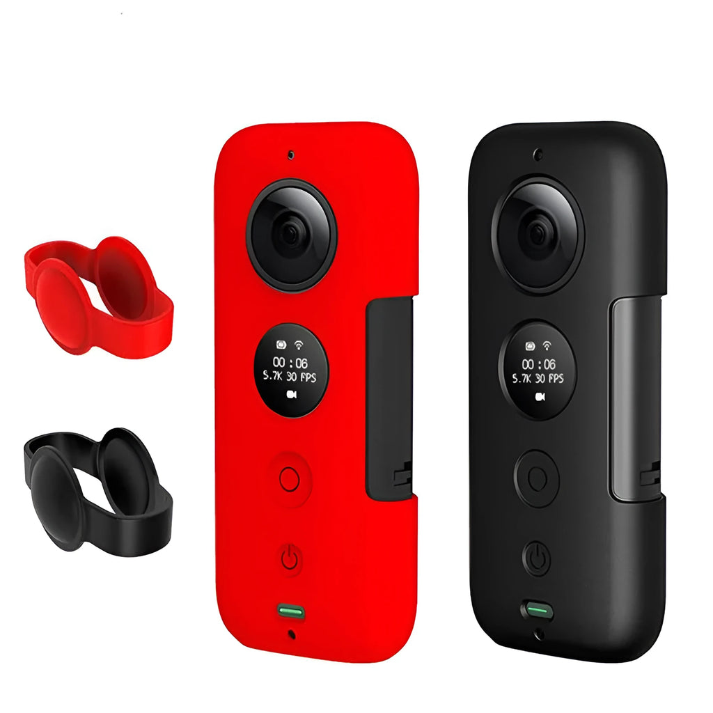 Black silicone protective case for Insta360 ONE X camera showing precise port cutouts