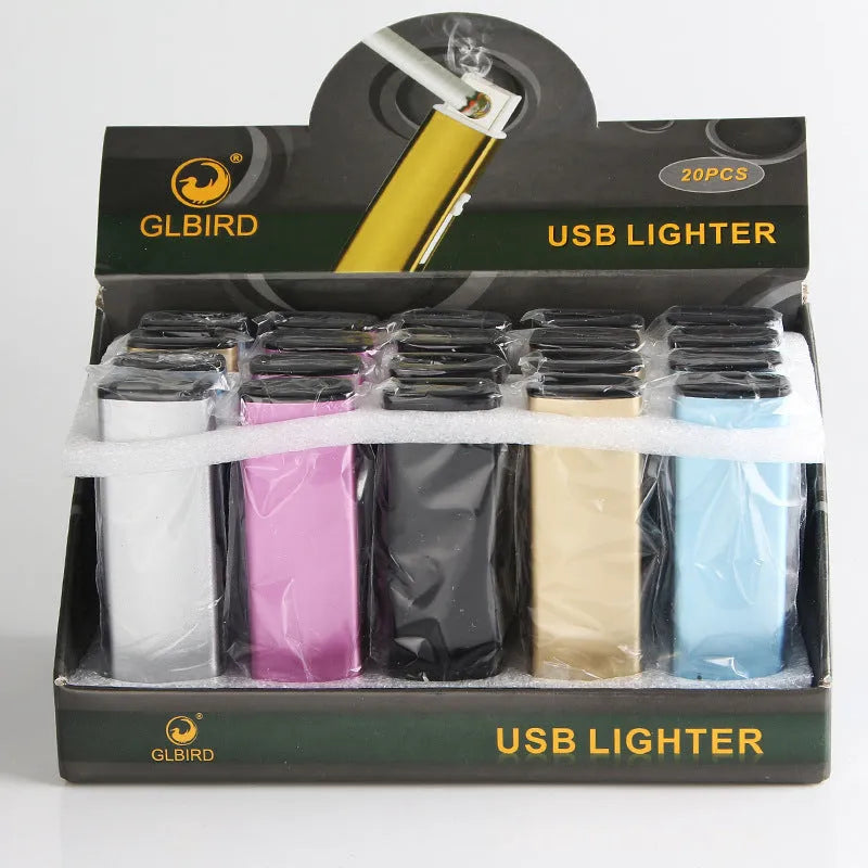 Set of 20 rechargeable metal windproof cigarette lighters in assorted colours.