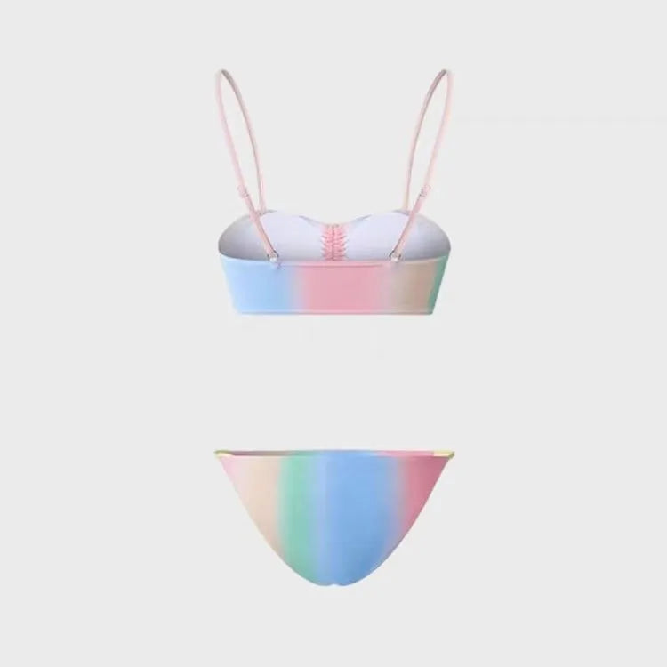 Women's lace-up triangle bikini swimsuit set in a colour-matching design.