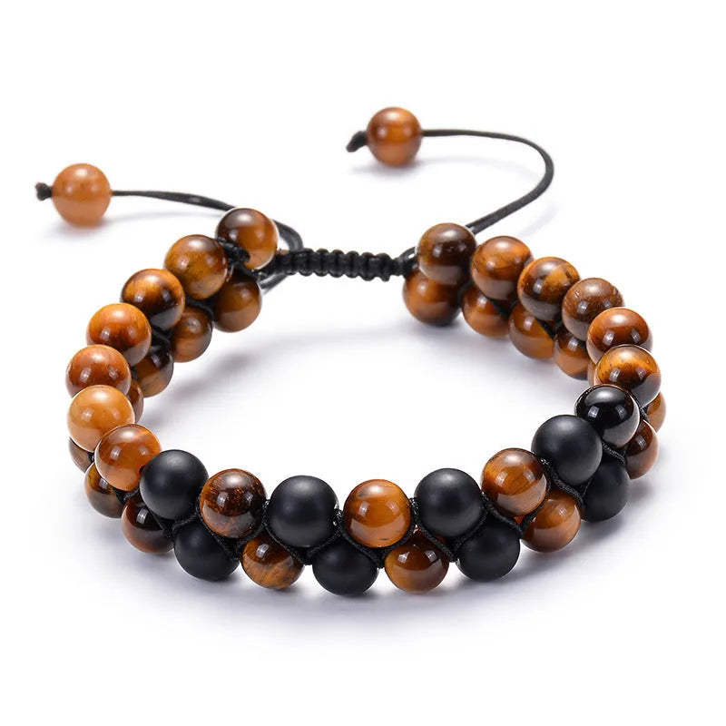 Tiger Eye agate couple bracelets with geometric beads in matte black finish