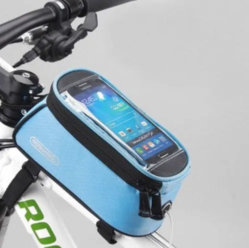ROSWHEEL PVC bicycle frame phone bag in black mounted on bike frame showing iPhone compatibility
