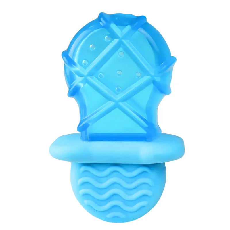 Set of three dog toys: a silicone pacifier, a freezable popsicle, and a silicone ring for cooling and chewing.