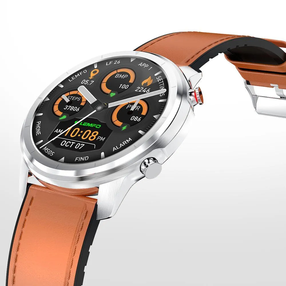 LEMFO LF26 smart bracelet on wrist showing 1.3-inch touchscreen display in silver finish.