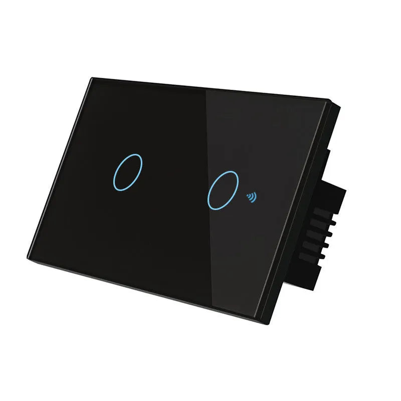 2-gang wireless RF remote touch light switch with tempered glass panel in black, white, or gold