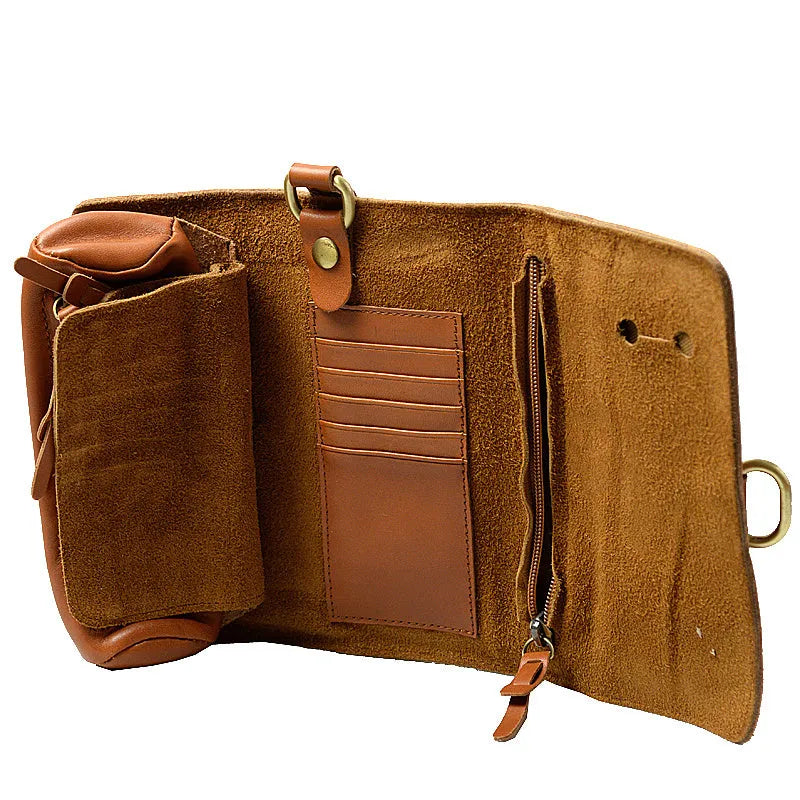 Handmade cow leather vintage wallet with tape extraction closure in black or dark brown