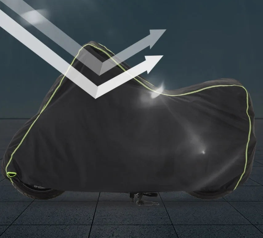 Thick nylon PVC coated motorcycle cover in black green, size L, on a dark background