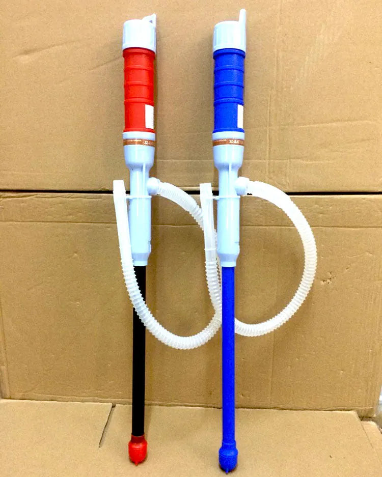 Blue manual hand pump for transferring gasoline and liquids to vehicles