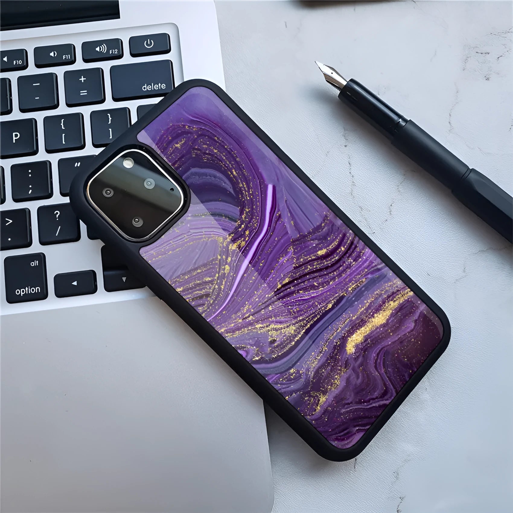 Marble phone case back cover with camouflage pattern on iPhone showing Black gold colour