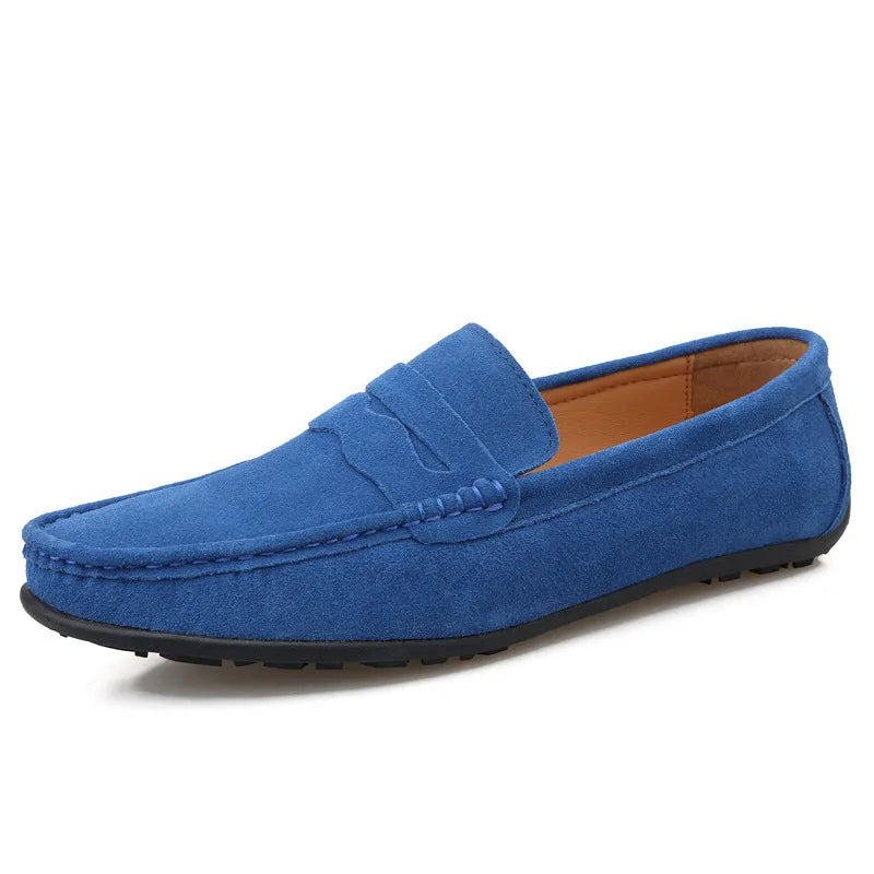 Men's solid colour suede loafers slip-on shoes with round toe and flat rubber sole.