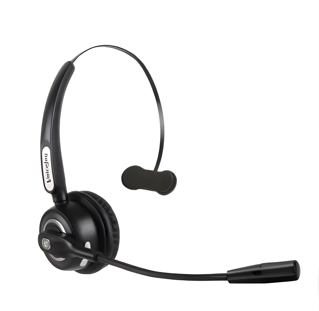 Over-ear Bluetooth headset with microphone for truck drivers and office use, shown with USB charging cable.