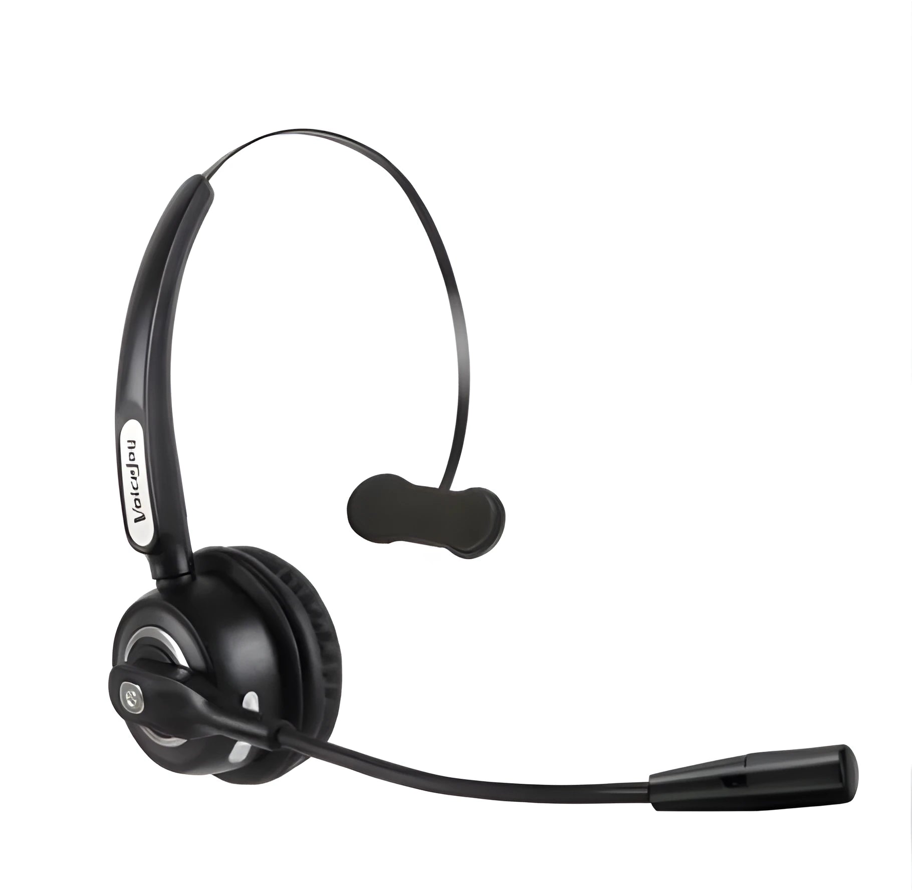 Over-ear Bluetooth headset with microphone for truck drivers and office use, shown with USB charging cable.