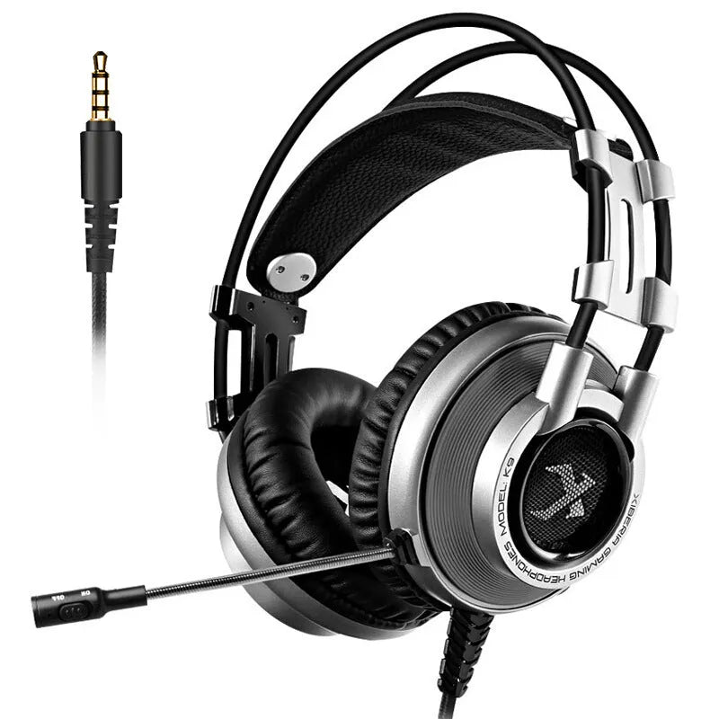 K9 wired gaming headset with headband, 3.5mm plug, and noise cancelling microphone in black and orange